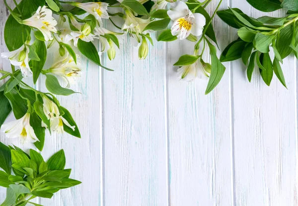 Background for text banner on a white wooden background with white flowers. Blank, frame for text. Greeting card design with flowers. Aalstroemeria on wooden background. View from above