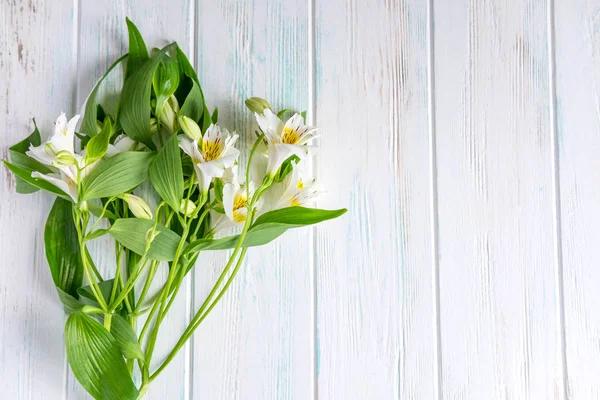 Background for text banner on a white wooden background with white flowers. Blank, frame for text. Greeting card design with flowers. Aalstroemeria on wooden background. View from above