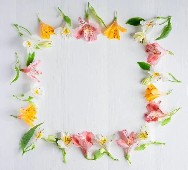 Tebrikler metinle Alstroemeria doğal çiçek ahşap zemin için çerçeve. Doğal renklerle tebrik kart tasarımı. Alstromeria ile metin için arka plan. Düz yatıyordu, en iyi görünümü.