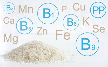 Pirinç groats. Pirinç groats vitamin ve mineraller ile infografik. Sağlıklı bir gıda ile bir blog için İllüstrasyon. Beslenme ve kilo kaybı için sağlıklı tahıllar