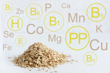 Yulaf gevreği. Yulaf ezmesi vitamin ve mineraller ile infografik. Sağlıklı bir gıda ile bir blog için İllüstrasyon. Beslenme ve kilo kaybı için sağlıklı tahıllar