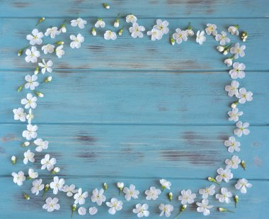 Bir yazıt için bir yer ile ahşap bir arka plan üzerinde kiraz Bahar çiçekleri. Kiraz çiçekleri ile tebrik kartı için tasarım. Şablon, bahar afiş için boş, bahar çiçekleri ile blog yazısı.