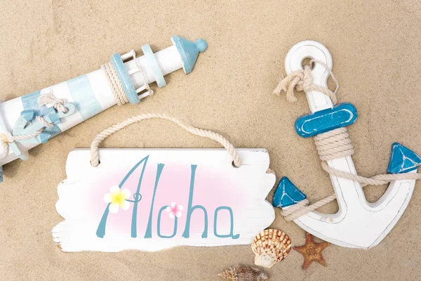 Aloha. Travel banner template. Photos of the lighthouse, anchors, seashells and blackboard for the inscription. Tourist, sea background — Stock Photo, Image