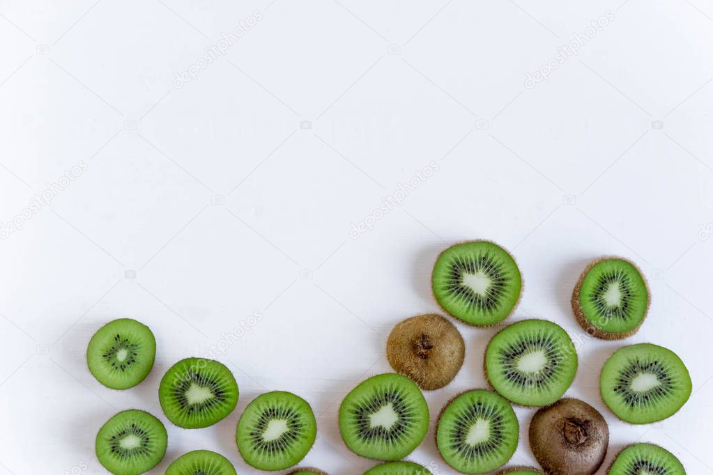 Background for the profile, design, printing with fruit. Fresh kiwi sliced. The basis for the banner with kiwi. Fresh and natkralnye vitamins. Healthy food