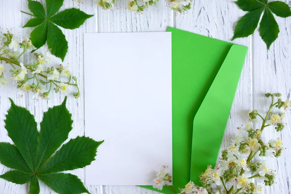 Mock up with letter envelope and green chestnut leaves. Spring template for greeting lettering. Frame for text about store discounts. Spring banner with chestnuts on a wooden background