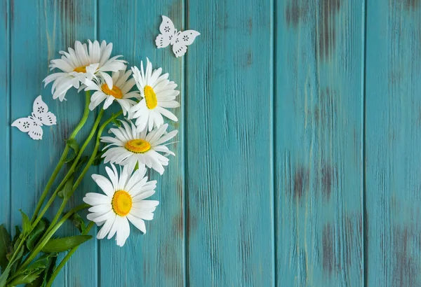 Rahmen für Text mit Gänseblümchen. Gänseblümchen auf hellem Holzgrund. Designgrundlage für Grußkarten. Blumenbanner, Hintergrund. Blick von oben — Stockfoto