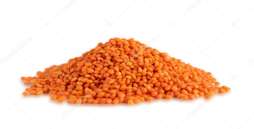 Slice of dry red lentils isolated on white background. Healthy Protein Cereals