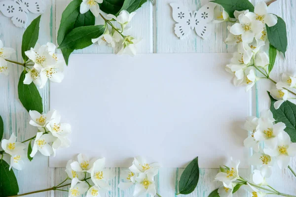 Template for a letter with fresh jasmine flowers on a light wooden background. Frame for greeting lettering, promotional code, mailing for e-mail letters. — Stock Photo, Image