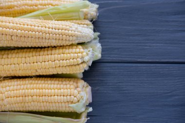 Gri ahşap arka planda taze mısır pompalı. Çerçeve metin reklam, promosyonlar, taze mısır salıncak ile blog yazısı için. Bir yazıt için yer ile Vintage mısır fotoğraf.