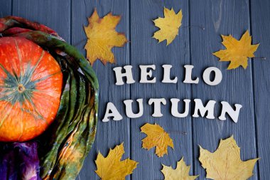 Ahşap harflerden Hello Autumn yazısı. Gri ahşap arka plan üzerinde kabak ve sonbahar sarı yaprakları ile Sonbahar afiş