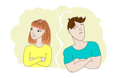 Boşanma. Boşanmak üzere olan evli bir çiftin vektör çizimi. Karı koca kavgası. Aile ayrılığı, boşanma. Aile Çakışması