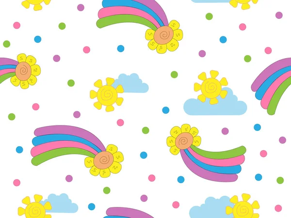 Naadloze vector patroon met regenboog. Zon en wolken op kinderen print patroon. Cartoon regenboog en zon. — Stockvector