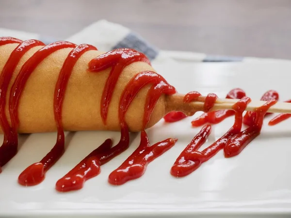 Hot Dog Ketchup White Plate — Stock Photo, Image