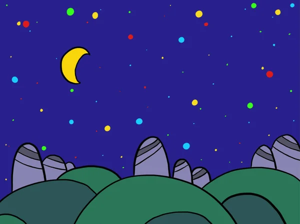 Stars and moon and mountains in the night sky, cartoon images