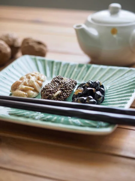 Korean traditional snacks SweetRicePuffs, Black sesame gangjeong, Peanut gangjeong