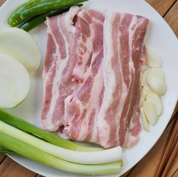 Élelmiszer Koreai Sertésborda Belly Zöldségek Samgyeopsal — Stock Fotó