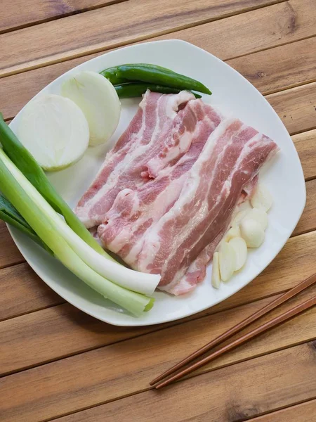 Korejské Jídlo Bůček Zelenina Samgyeopsal — Stock fotografie