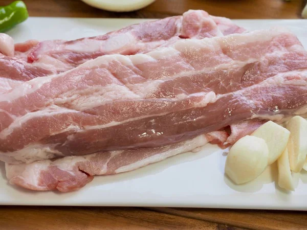 Élelmiszer Koreai Sertésborda Belly Zöldségek Samgyeopsal — Stock Fotó