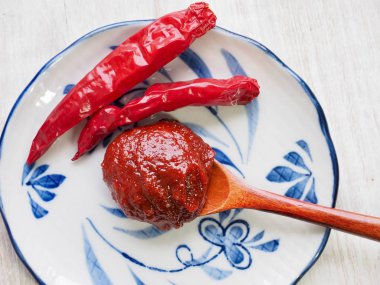 Kore kaynakları biber salçası, kırmızı biber sosu yapıştırın