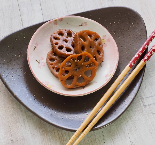 Comida Coreana Molho Soja Cozido Raiz Lótus — Fotografia de Stock