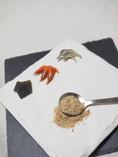 Сушеные Морепродукты Сушеные Анчоусы Ламинария Порошок Супа — стоковое фото