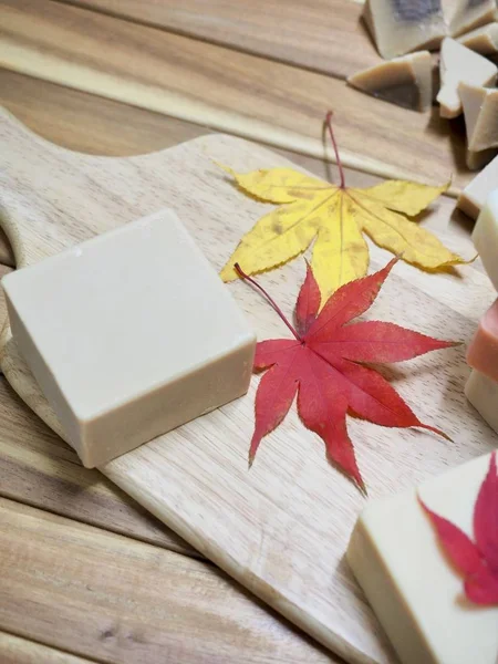 Various Natural Soaps Autumn Maple Leaf — Stock Photo, Image