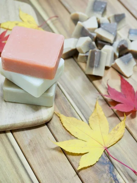 Various Natural Soaps Autumn Maple Leaf — Stock Photo, Image