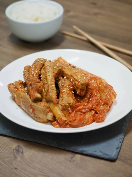 Korean food Stir-fried pork back rib kimchi