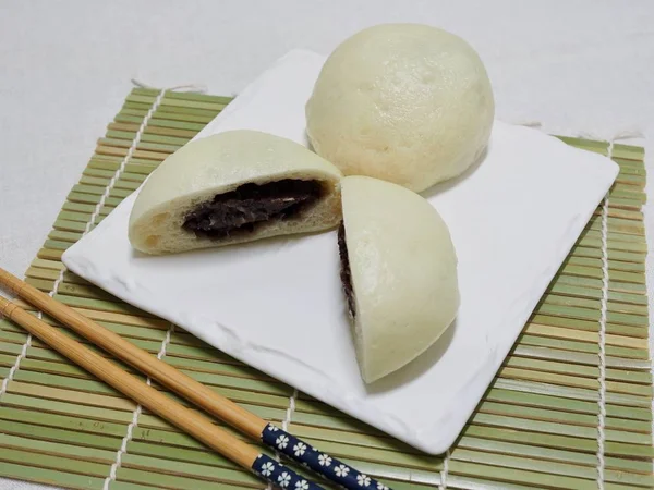 Comida Asiática Bollo Vapor Bollo Vapor Con Relleno Pasta Frijol — Foto de Stock