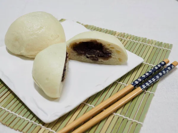 Comida Asiática Bollo Vapor Bollo Vapor Con Relleno Pasta Frijol — Foto de Stock