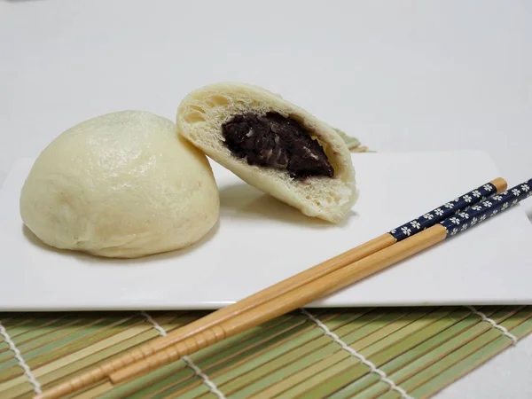 Comida Asiática Bollo Vapor Bollo Vapor Con Relleno Pasta Frijol — Foto de Stock