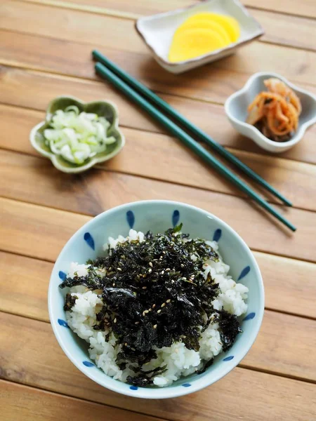 Korean food laver powder White rice and Kimchi and Pickled radish