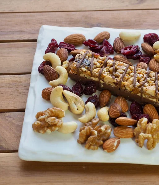 Barres Chocolatées Noix Amandes Noix Framboises Noix Cajou — Photo