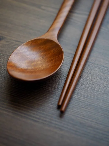 Tradición Coreana Cuchara Madera Palillos Madera Fondo Tablero Madera —  Fotos de Stock