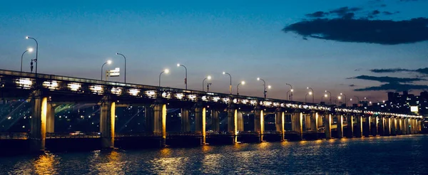 Kore Seul City Han Nehri Banpo Köprüsü Gece Görünümü — Stok fotoğraf