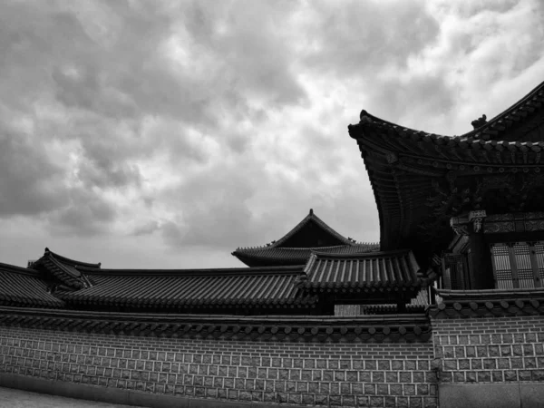 Palacio Tradicional Corea Palacio Changdeok Foto Blanco Negro —  Fotos de Stock