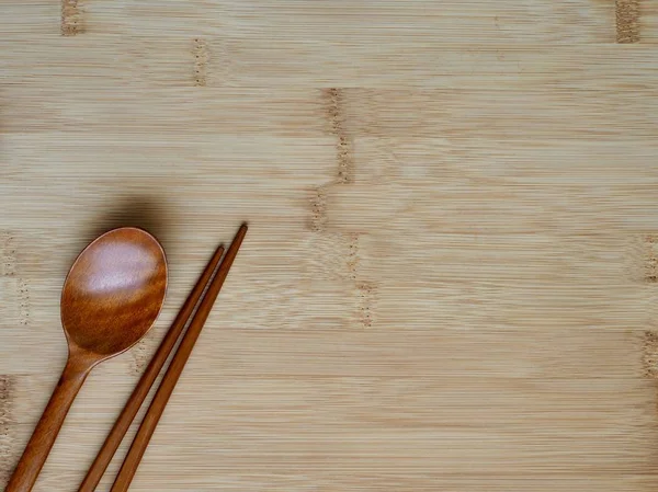 Tradizione Coreana Cucchiaio Legno Bacchette Legno Legno Bordo Sfondo — Foto Stock