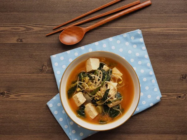 Comida Coreana Espinacas Brotes Frijol Sopa Pasta Soja — Foto de Stock