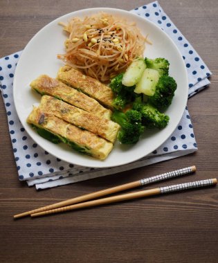 Kore mezeleri, Çin böreği, baharatlı fasulye filizi, brokoli.