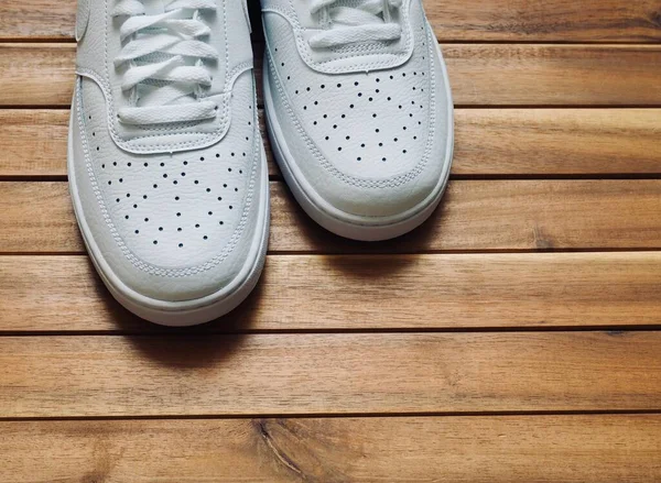 White Male Sneakers Wooden Board Background — Stock Photo, Image