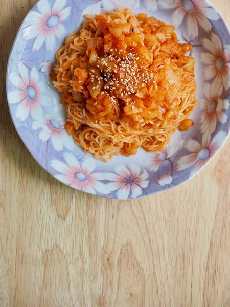 Koreai Étel Kimchi Bibim Tészta — Stock Fotó