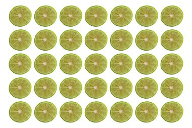 Citrus meyvesi. Portakal, limon, limon. Beyaz arka planda izole edilmiş dilimler. Koleksiyon.