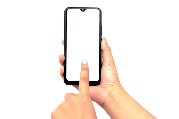 Рука Держит Белый Экран Мобильный Телефон Изолирован Белом Фоне Вырезкой — стоковое фото