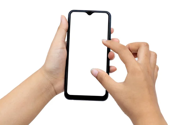 Handen Håller Den Vita Skärmen Mobiltelefonen Isolerad Vit Bakgrund Med — Stockfoto