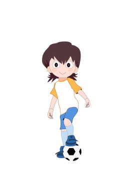 Çocuk futbol üniforma, Sevimli çizgi film çocuk karakteri futbol topu ile giyiyor. Vektör çizim