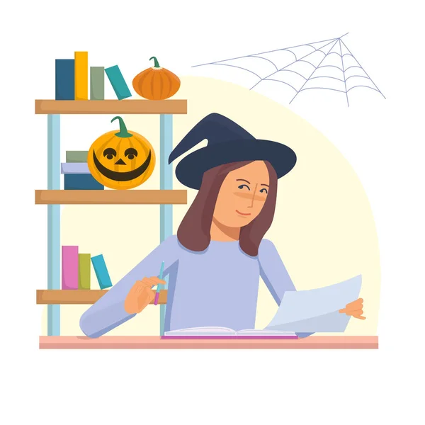 Halloween Party Kanceláři Mladá Žena Sedí Stole Čtení Knih Dokumentů — Stockový vektor