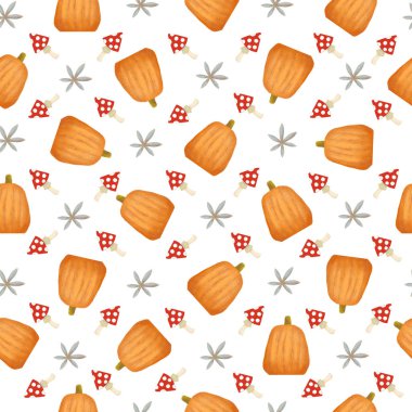 Turuncu kabak, mantar ve beyaz arka plan olarak kumaş, tekstil, kıyafet, kağıt üzerinde bitkisel ile Seamless modeli. Raster illüstrasyon