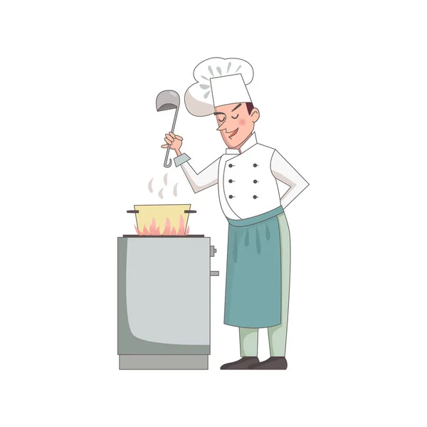 Chef Sonriente Cocinando Sopa Personaje Dibujos Animados Sosteniendo Cucharón Plata — Vector de stock