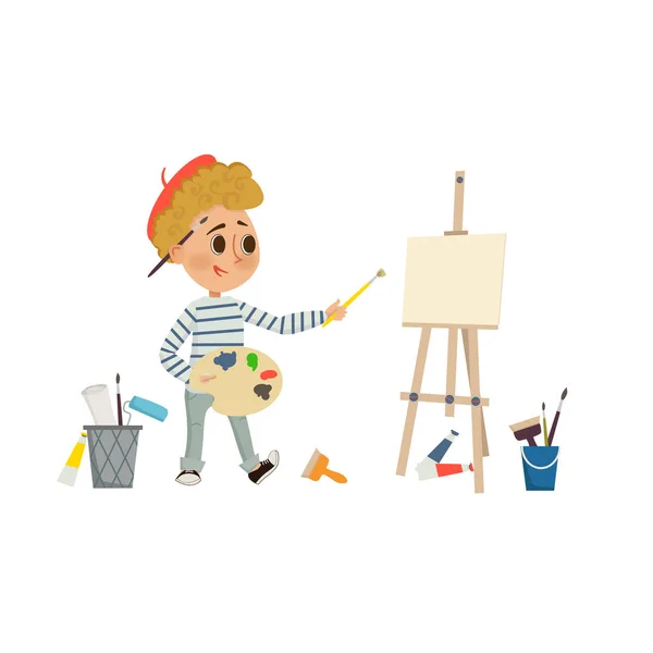 Artista Boy Desenho Pintura Imagem Com Escova Paleta Cavalete Crianças — Vetor de Stock