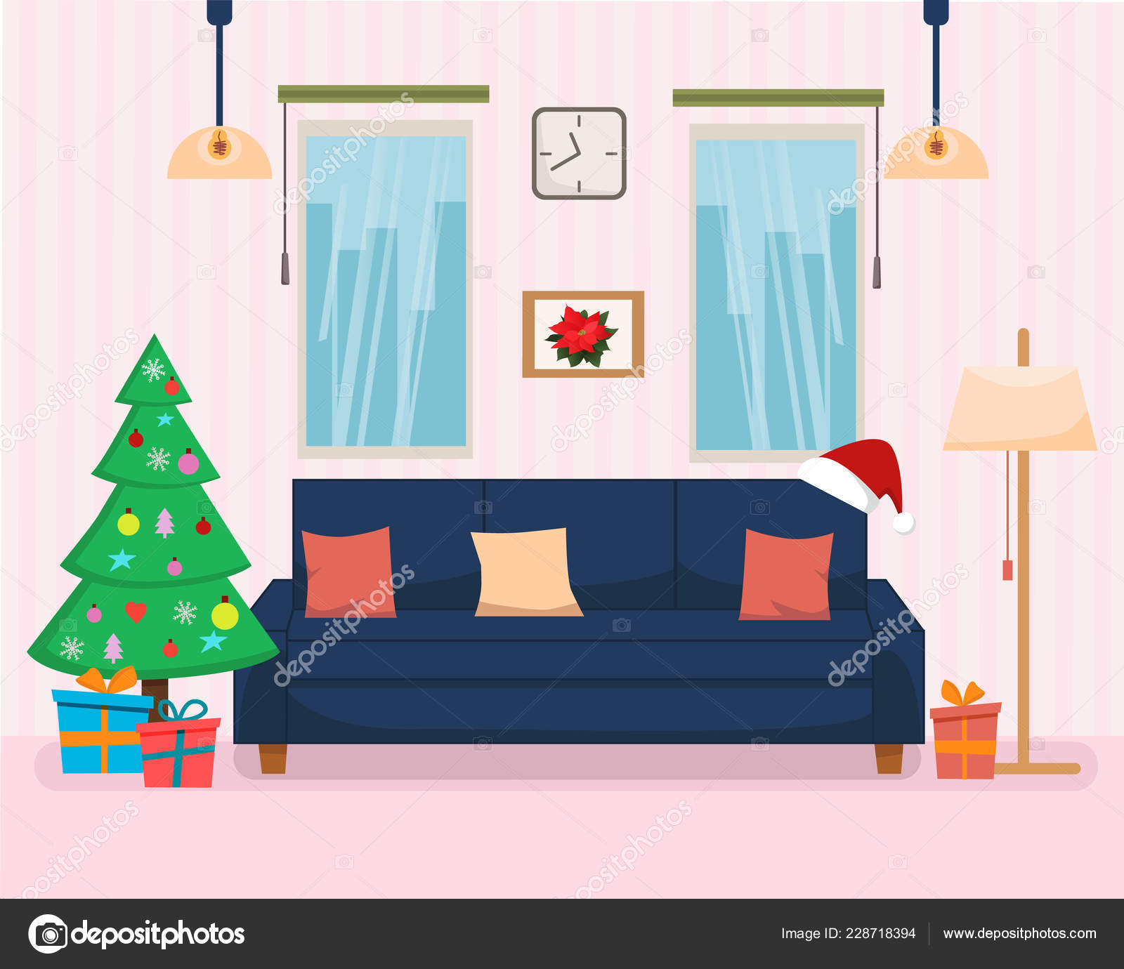 Christmas Home Interior Tree Gifts Furniture Sofa Bookshelf Lamp